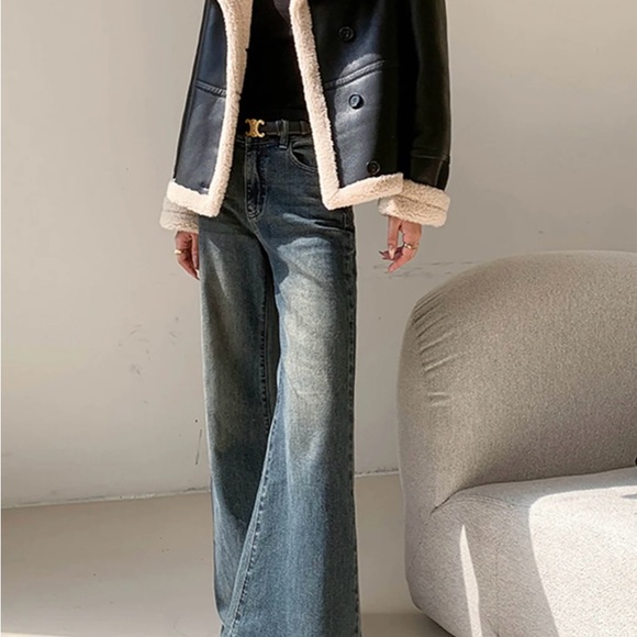 Women's Black and Cream Shearling Jacket - Picture 2 of 3